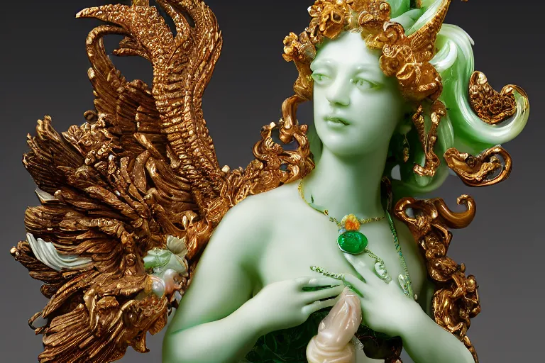 Prompt: a closeup photo, rococo alabaster and jade real delicate ceramic porcelain sculpture of an ornate detailed phoenix goddess in front of an intricate background by rafael, micro detail, backlit lighting, subsurface scattering, translucent, thin porcelain, emerald, jade, octane renderer, colorful, physically based rendering, trending on cgsociety