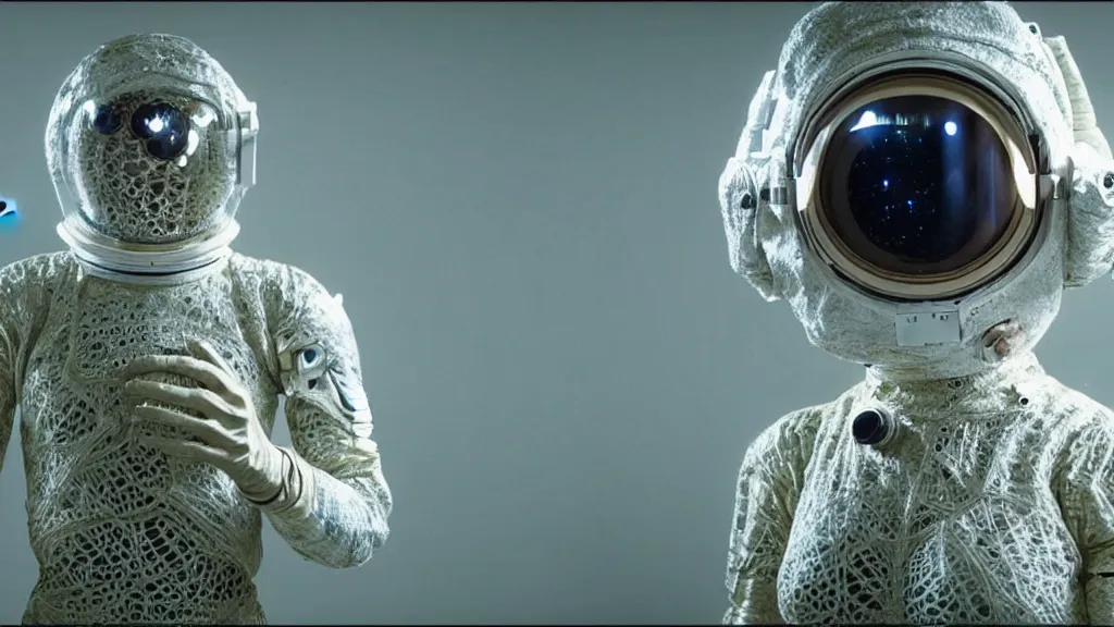 Image similar to a astronaut eva suit covered in diamond 3d fractal lace iridescent bubble 3d skin and covered with insectoid compound eye camera lenses floats through the living room, film still from the movie directed by Denis Villeneuve with art direction by Salvador Dalí, wide lens,