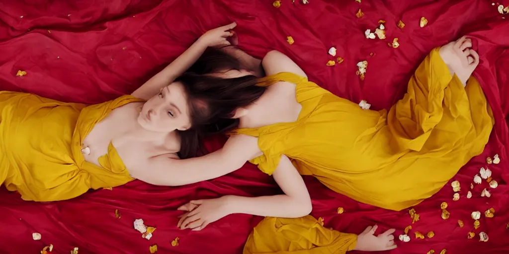 Prompt: beautiful oil matte portrait painting, top down view of a young woman lying on a red bed sheet wearing a mustard yellow dress covered in rose petals, wonderful masterpiece highly detailed, beautiful cinematic light deep focus, elegant, digital painting, smooth, sharp focus, golden ratio, dramatic illumination, ultra realistic, 8 k, art by jimmy law