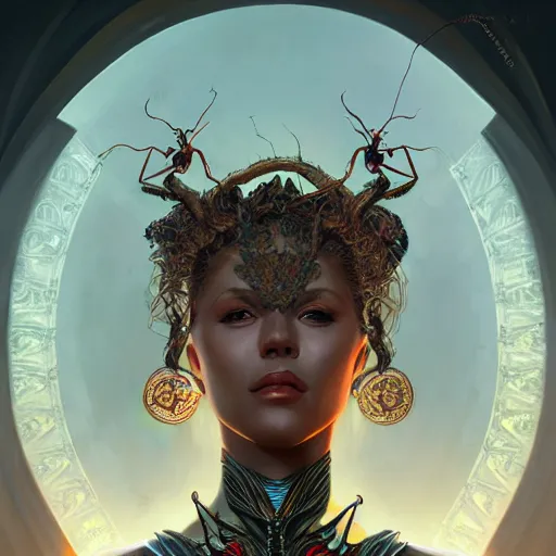 Image similar to portrait of a sinister Goddess seen from the perspective of an ant, intricate, highly detailed, digital painting, artstation, concept art, smooth, sharp focus, illustration, Unreal Engine 5, 8K, art by artgerm and greg rutkowski and alphonse mucha