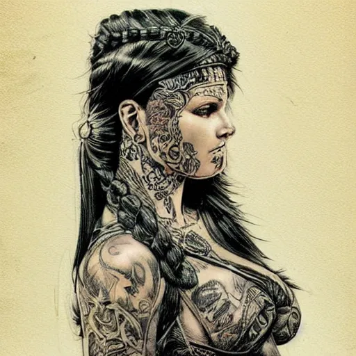Prompt: a beautiful portrait of a heavily tattooed Roman woman Travis Charest style