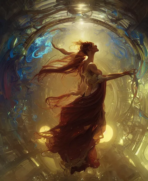 Image similar to a whirlwind of souls rushing inside the metaverse, half body, glowin eyes, d & d, fantasy, intricate, elegant, highly detailed, colorful, vivid color, digital painting, artstation, concept art, art by artgerm and greg rutkowski and alphonse mucha and ruan jia