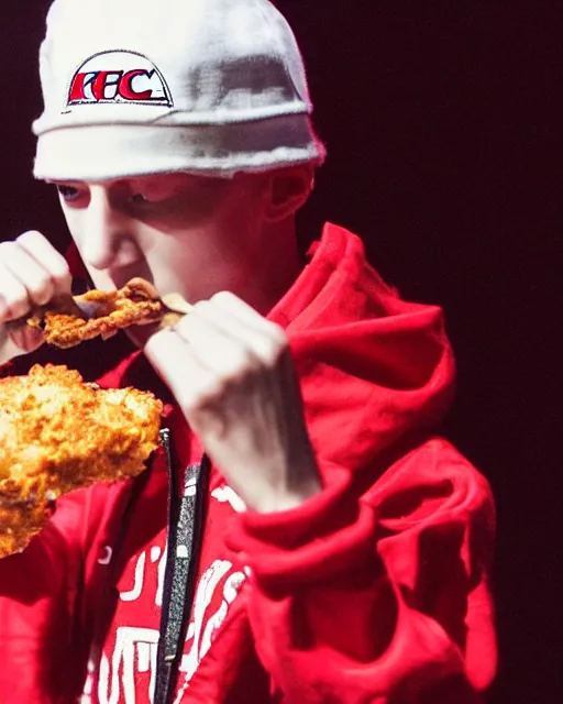 Image similar to “ extremely detailed photo of bladee eating kfc on stage at the drain gang concert ”