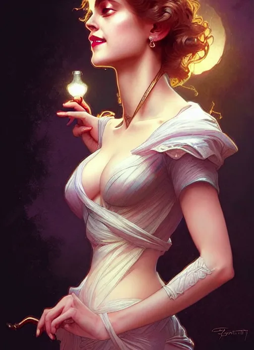 Prompt: “ a beautiful young beau garrett as femme fatale smiling and winking, intricate, elegant, highly detailed, digital painting, artstation, concept art, smooth, sharp focus uhd 8 k, art by artgerm and greg rutkowski and alphonse mucha ”