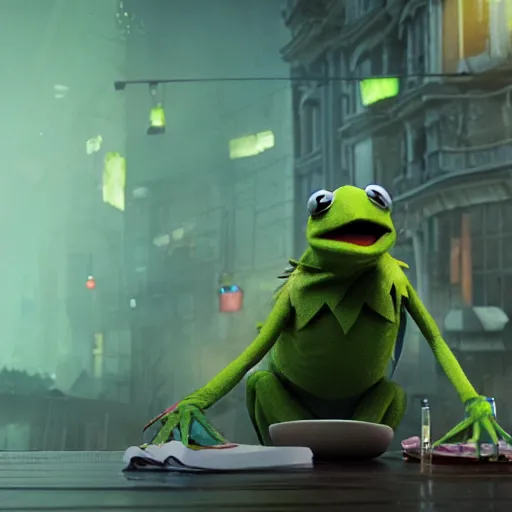 Image similar to a still of kermit the frog in avengers movie, cory loftis, fenghua zhong, ryohei hase, ismail inceoglu and ruan jia. volumetric light, detailed, octane render