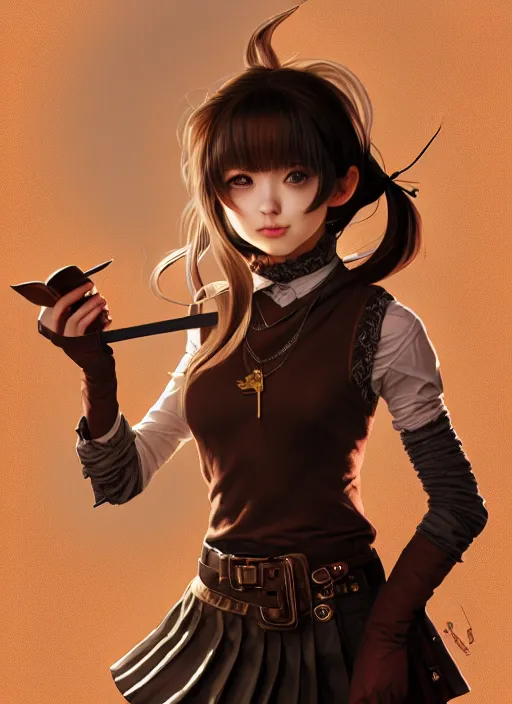 Image similar to portrait of a full body of beautiful young female detective, d & d, sleeveless turtleneck, pleated skirt, fantasy, flat lighting, intricate, highly detailed, digital painting, artstation, concept art, smooth, sharp focus, illustration, misa amane, art by simon bisley and greg rutkowski and alphonse mucha, natural tpose