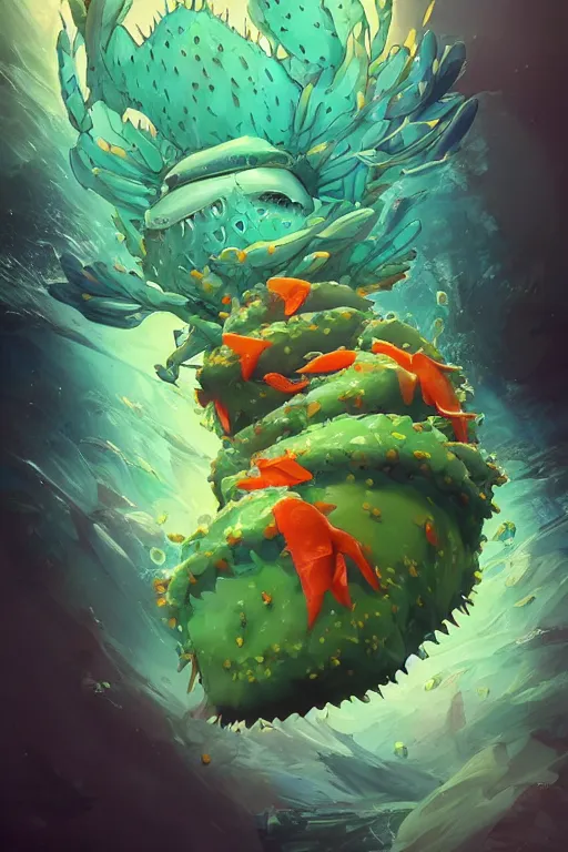 Image similar to 3 d render creature animal sushi cristal very big eye roots cactus elemental flush of force nature micro world fluo fishscale, comics gta 5 cover, official fanart behance hd artstation by jesper ejsing, by rhads, makoto shinkai and lois van baarle, ilya kuvshinov, ossdraws