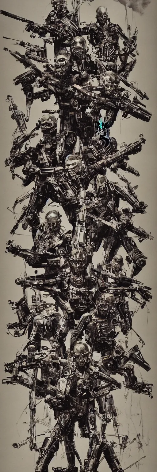 Image similar to Poster for the Movie Schwartzlicht,about Chinese Russian Zombie Troopers Designed By Yasushi Nirasawa battle Japanese America Cyborgs Designed by Syd Mead and Giger, 1970s style, very detailed, text says: Schwarzlicht