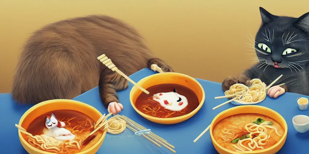 Image similar to A happy cat holding chopsticks and eating a bowl of ramen, hyper realistic, insane detail, Pixar