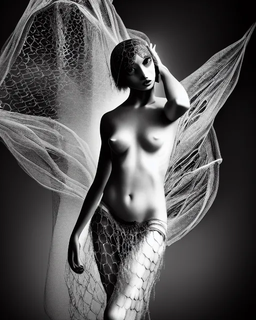 Image similar to surreal mythical dreamy dark artistic black and white fine art photo of a beautiful young female angel - mermaid - cyborg covered with translucent algae lace web, rim light, cinematic, studio dramatic light, poetic, octane render, 8 k, photo - realistic, by floria sigismondi