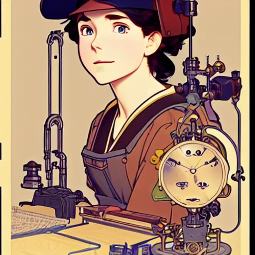 Prompt: Portrait of mckenna grace as an airship mechanic at her crammed workbench, steampunk, defined facial features, highly detailed, busy, artstation, official artbook, official Kyoto Animation and Studio Ghibli anime screenshot, by Ilya Kuvshinov and Alphonse Mucha