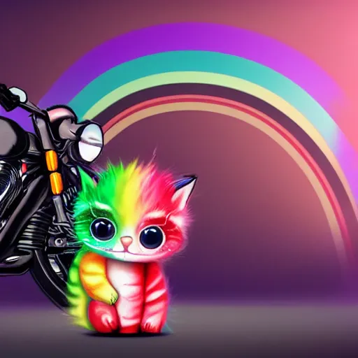 Image similar to wide angle full body, jacket wearing fluffy cute rainbow kitten wearing a black leather motorcycle jacket, riding on a motorcycle, cinematic concept art