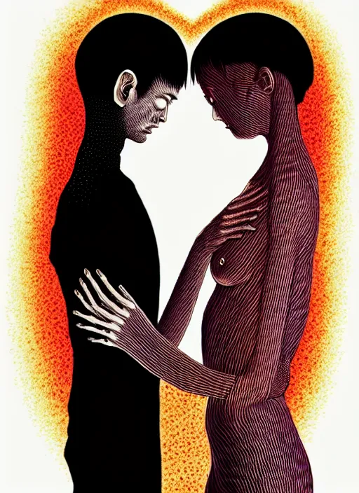 Image similar to 1 px color ink art by junji ito, perfectly centered symmetrical balanced male and female portrait of man and woman in love sharing one heart. high coherence ; fractal geometrical 8 k ultra hd