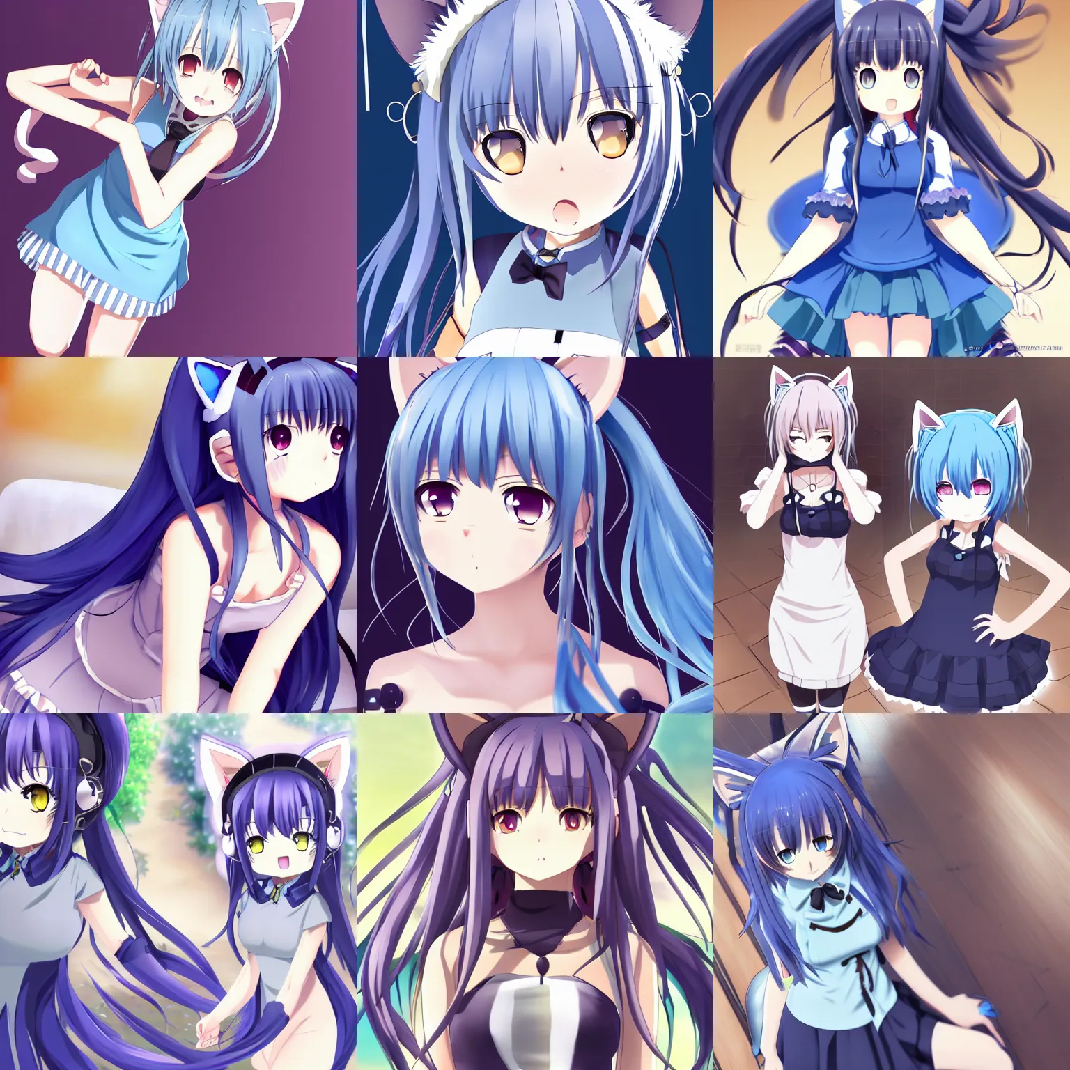 Prompt: nekopara vn modern anime style fantastically detailed eyes art blue hair detailed cat ears cat girl nekomimi dress full body vibrant smiling shinkai makoto Studio ghibli Sakimichan Kentaro Miura