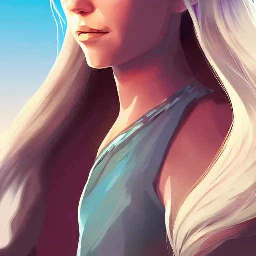 Prompt: portrait of daenerys targaryen from game of thrones, desert background, rich vivid colors, ambient lighting, dynamic lighting, 4k, HQ, official media, anime key visual, makoto shinkai, ilya kuvshinov, lois van baarle, rossdraws, detailed, trending on artstation