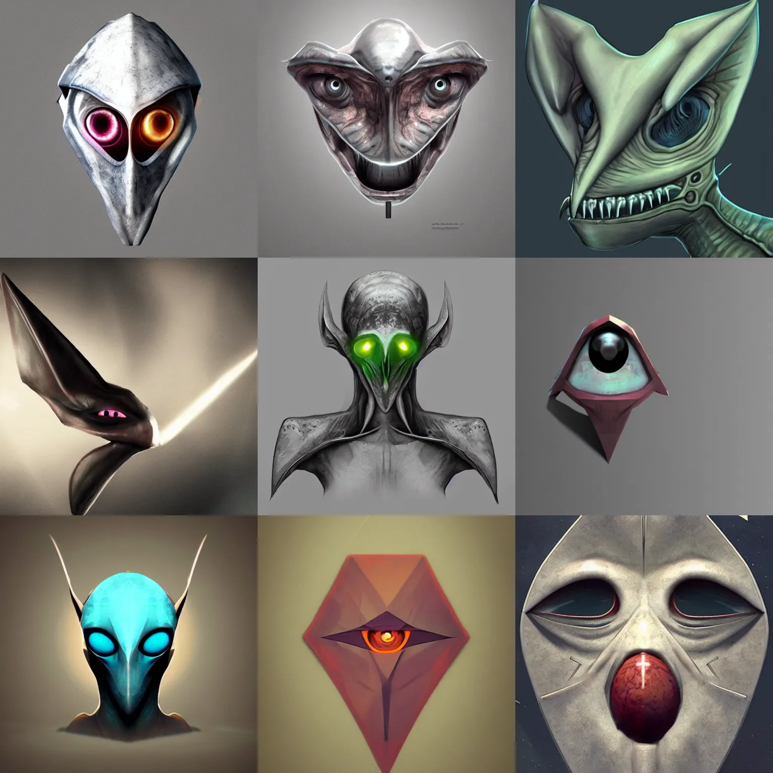 Prompt: triangle shaped alien head with three eyes, artstation