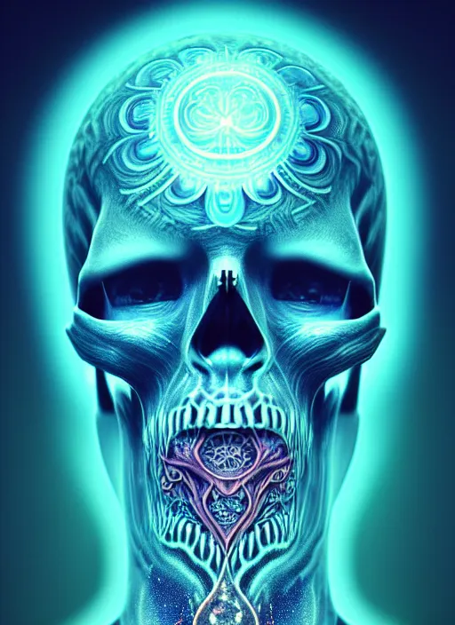 Prompt: 3 d shaman with tattoos profile portrait, sigma 5 0 0 mm f / 5. beautiful intricate highly detailed skull. bioluminescent, plasma, frost, water, wind, creature, gradient background, thunderstorm! artwork by tooth wu and wlop and beeple and greg rutkowski, 8 k trending on artstation,