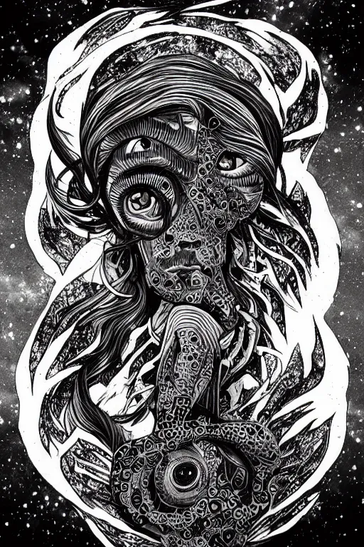 Image similar to black and white illustration, creative design, body horror, cosmic monster