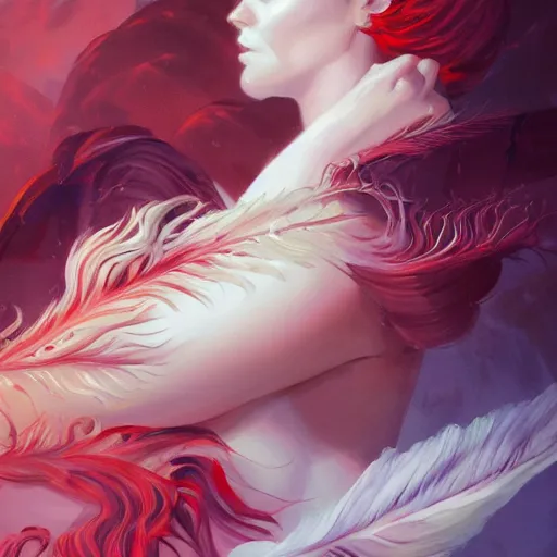 Image similar to a painting of a woman who made of curly white feathers which with red edges is holding a sword, a digital painting by peter mohrbacher, trending on artstation, metaphysical painting, speedpainting, made of feathers, digital painting, holographic undertones, highly saturated colors, 4 k, digital art, concept art, trending on artstation