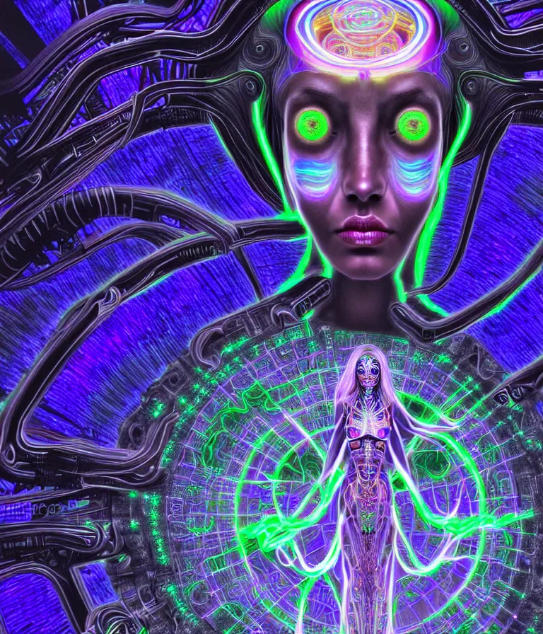 Prompt: epic scale closeup portrait stunning breathtaking alien machine goddess being of the black hole in white shimmering robes alien entity intelligence portrait electricalhair steampunk entity with neon robes and glowing machine goddess photorealistic detailed hypervivid intense digital art by alex grey max chroma