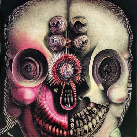 Image similar to post - punk new age album cover, asymmetrical design, magic, apocalypse, psychedelic, highly detailed, black white pink, magic, giger h. r., giuseppe arcimboldo