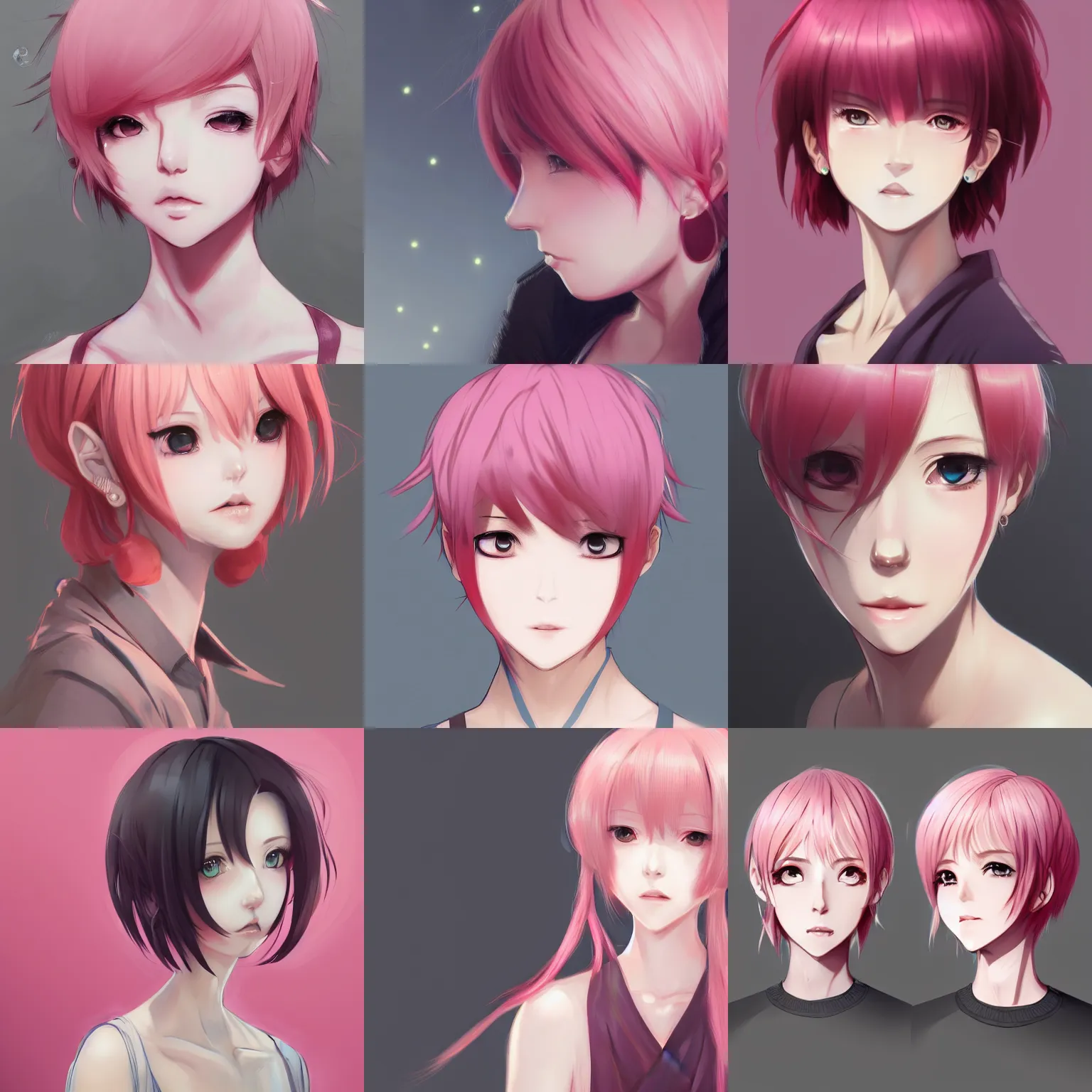 Prompt: full headshot portrait of anime woman with short pink hair, drawn by WLOP, by Avetetsuya Studios, anime manga panel, trending on artstation
