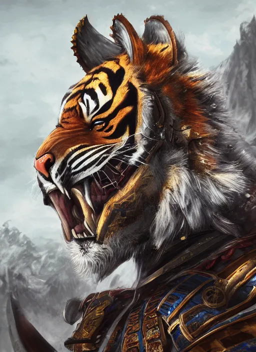 Image similar to realistic detailed semirealism tiger man wearing samurai armor. Tiger_character, tiger_beast, 獣, FFXIV, iconic character splash art, Detailed fur, detailed metal textures, 4K high resolution quality artstyle professional artists WLOP, Aztodio, Taejune Kim, Guweiz, Pixiv, Instagram, Artstation