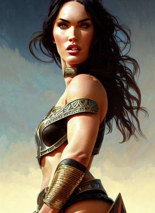 Image similar to portrait of megan fox as gladiator, roman, shield, arena, intricate, headshot, highly detailed, digital painting, artstation, concept art, sharp focus, cinematic lighting, illustration, art by artgerm and greg rutkowski, alphonse mucha, cgsociety
