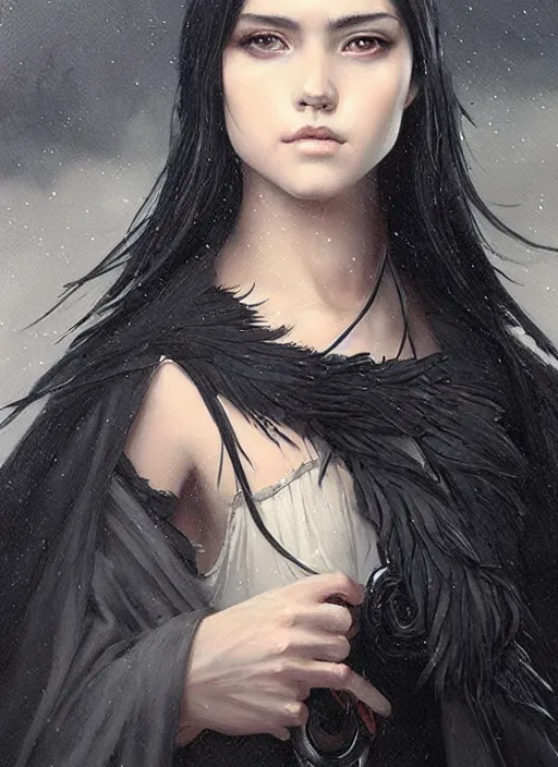 Prompt: a teenage girl with very short black hair and a huge cloak made of black raven feathers. beautiful highly detailed face. beautiful painting by artgerm and greg rutkowski and raymond swanland