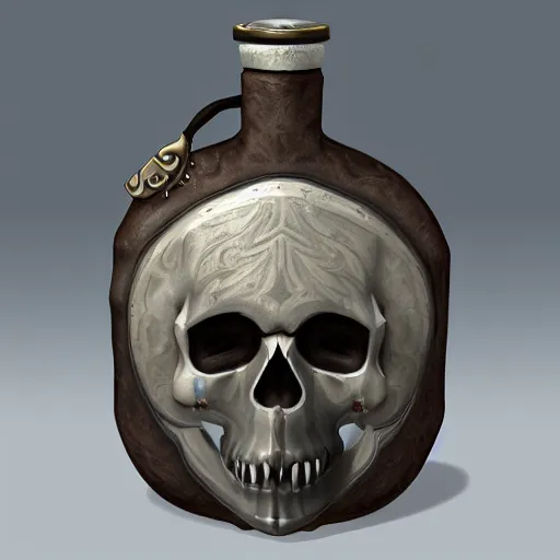 Prompt: ancient flask contains life and death essence, skull cap, colored concept art, raytracing