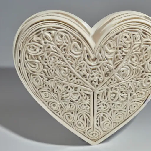 Image similar to intricate heart delicately carved into large block of ivory, c anon 5 d 5 0 mm lens