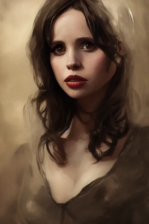 Image similar to portrait of actress felicity jones, colourised, face portrait, epic, tragic, military art, fantasy, dieselpunk, hd shot, digital portrait, beautiful, artstation, comic style, by artgerm, guy denning, jakub rozalski, magali villeneuve and charlie bowater