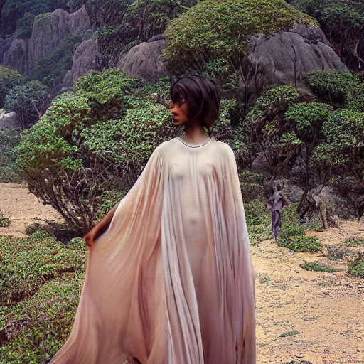 Prompt: beautiful bellidancer girl walks around Socotra among plants, flowers, trees and snags in a long transparent flowing dress and meets mystical animals, mystical insects, mystical birds, lizards, snakes, gorgeous, intricate, hypnotic dimensions, ruan jia, steve mccurry, Zdzislaw Beksinski style, sharp focus, intricate concept art, digital painting, ambient lighting, 4k, hdt, artstation trending on Gsociety, trending on ArtstationHQ, hyper quality, 16K