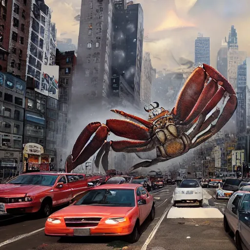 Image similar to A gigantic, huge crab, destroying New York City, ultra realistic