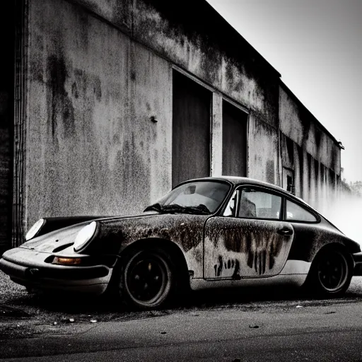 Image similar to black and white press photograph of a rusted abandoned porshe 9 1 1 on an empty abandoned city street, full view, detailed, natural light, mist, film grain, soft vignette, sigma 5 0 mm f / 1. 4 1 / 1 0 sec shutter, imax 7 0 mm footage