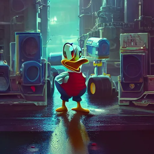 Prompt: a painting and rendering of a Donald Duck movie, atompunk themed, artstation, cgsociety, volumetric lighting, cinematic lighting, HDR, dramatic, haunting, octane, hyperrealistic, hyperdetailed, 4k