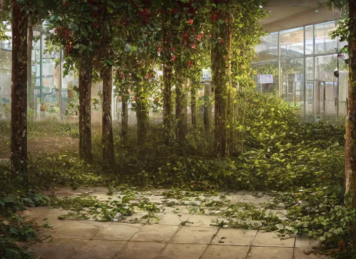 Prompt: trees growing in an abandoned shopping mall, overgrown by flower, vines, at night, close up shopping cart, hyperrealistic, highly detailed, oil painting, intricate, cgsociety, artstation, 8 k, cinematic, muted colors, soft lighting, smooth, sharp focus, volumetric lighting