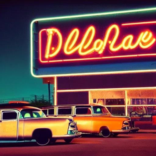 Prompt: kodachrome color photograph of a 1 9 5 0 s drive - in diner at night, taken in 2 0 2 2, neon - lights, googie architecture, americana