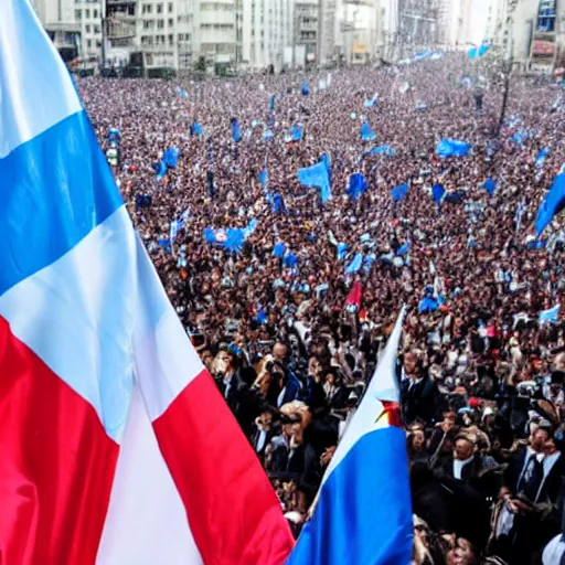 Image similar to Lady Gaga as President, Argentina presidential rally, Argentine flags behind, bokeh, epic photo, detailed face, Argentina