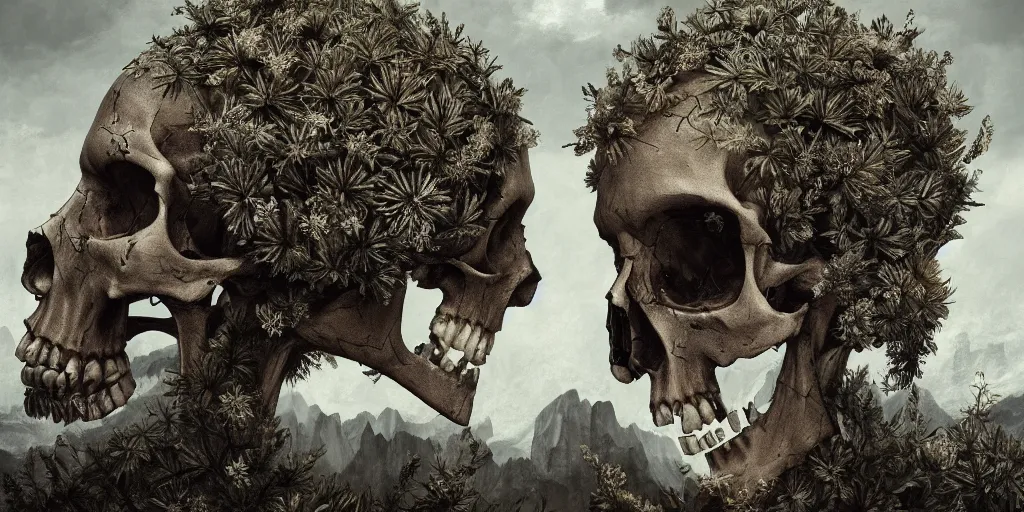 Image similar to skulls being overgrown by edelweiss, dolomites in background, dark, eerie, despair, portrait photography, artstation, digital art, adward winning, concept art, artstation, highly detailed, sharp focus, by caravaggio