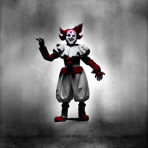 Prompt: Creepy full body shot of Pennywise the clown, old photo, grayscale