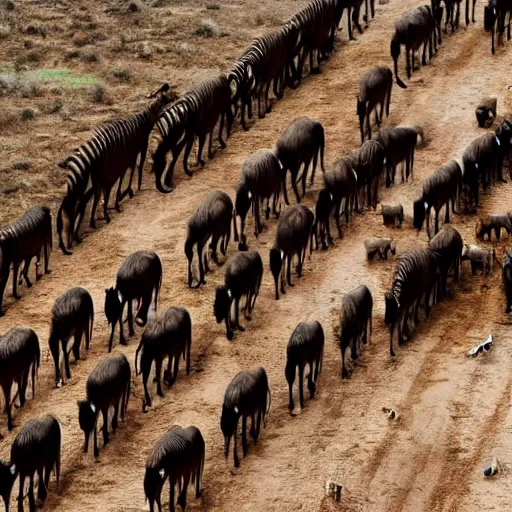 Prompt: cinematic film still of rows of pairs of various african mammals lined up to enter Noah's ark, directed by Steven Spielberg,