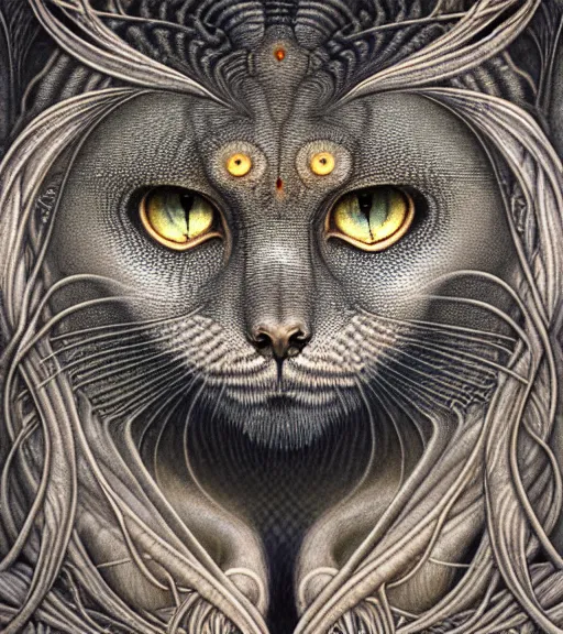 Prompt: detailed realistic beautiful manul goddess face portrait by jean delville, gustave dore, iris van herpen and marco mazzoni, art forms of nature by ernst haeckel, art nouveau, symbolist, visionary, gothic, neo - gothic, pre - raphaelite, fractal lace, intricate alien botanicals, ai biodiversity, surreality, hyperdetailed ultrasharp octane render