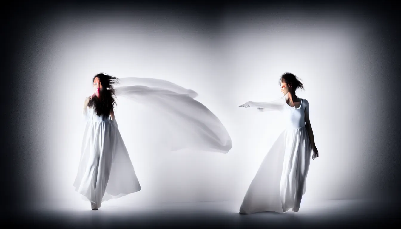 Prompt: photo portrait of a young woman dress in white, fine art photography light painting in style of Paolo Roversi, professional studio lighting, dramatic background lighting, hyper realistic photography,, motion blur 80 mm sigma art