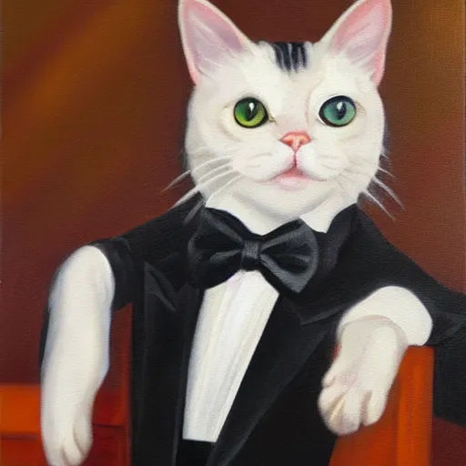 Image similar to oil painting of a cat wearing a tuxedo