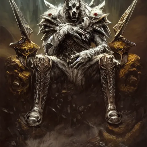 Image similar to Wolf, Anthropomorphized, as warlord general on skull throne, magic the gathering artwork, D&D, fantasy, cinematic lighting, centered, symmetrical, highly detailed, digital painting, artstation, concept art, smooth, sharp focus, illustration, volumetric lighting, epic Composition, 8k, art by Akihiko Yoshida and Greg Rutkowski and Craig Mullins, heroic pose, oil painting, cgsociety, Battlefield background, explosions, arrows