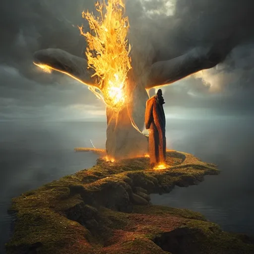 Image similar to Editorial Masterpiece extremely realistic Legendary elemental High Orders Nephilim Virtues figure infused with coalesced crystalline fire by Erik Johansson, perfect light