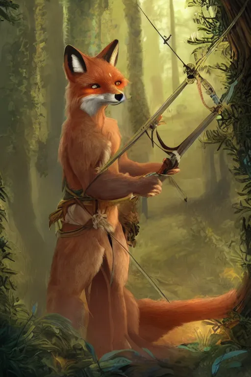 Image similar to a medieval anthropomorphic fox archer with a fluffy tail in a forest, backlighting, trending on artstation, furry art, by kawacy, warm lighting, digital art