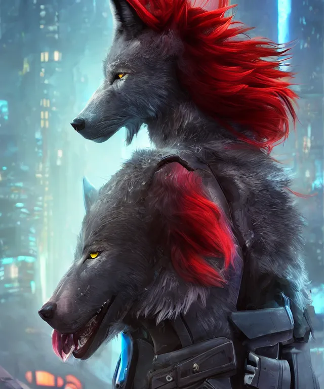 Image similar to portrait of male anthropomorphic dark gray wolf, long red hair, blue eyes, in a futuristic city, hyper detailed, digital art, trending in artstation, cinematic lighting, studio quality, smooth render, unreal engine 5 rendered, octane rendered, art style by pixar dreamworks warner bros disney riot games and overwatch.