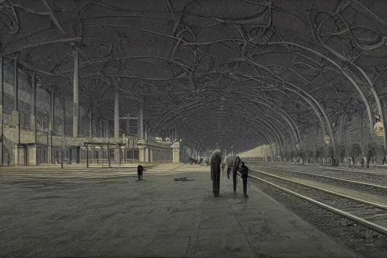 Image similar to intricate, 3 d, train station, style by caspar david friedrich and wayne barlowe and ted nasmith.